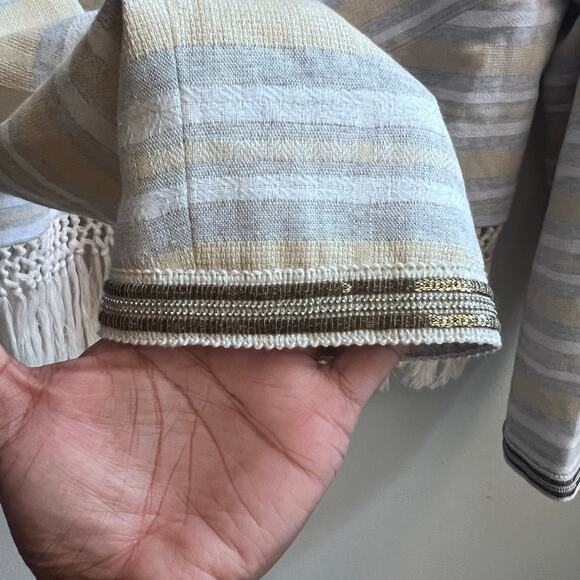 Women's Boho Fringe Open Front Esqualo Cream Gray Cardigan Jacket Size 10 Chic - Picture 5 of 8